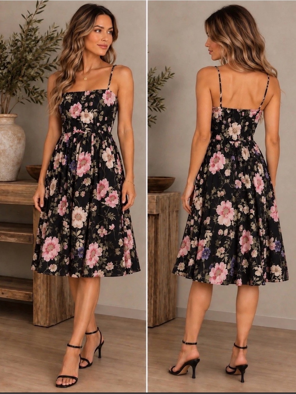 Express Floral Square-Neck Midi Dress - Black with Pink Blooms m